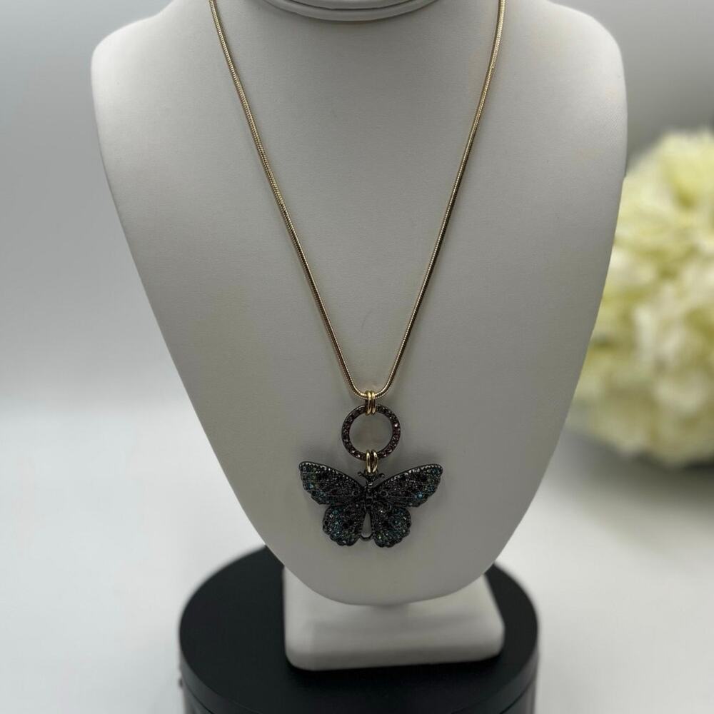 Betsey Johnson Retired Purple Blue Crystal Pavé Butterfly Gold Tone Necklace